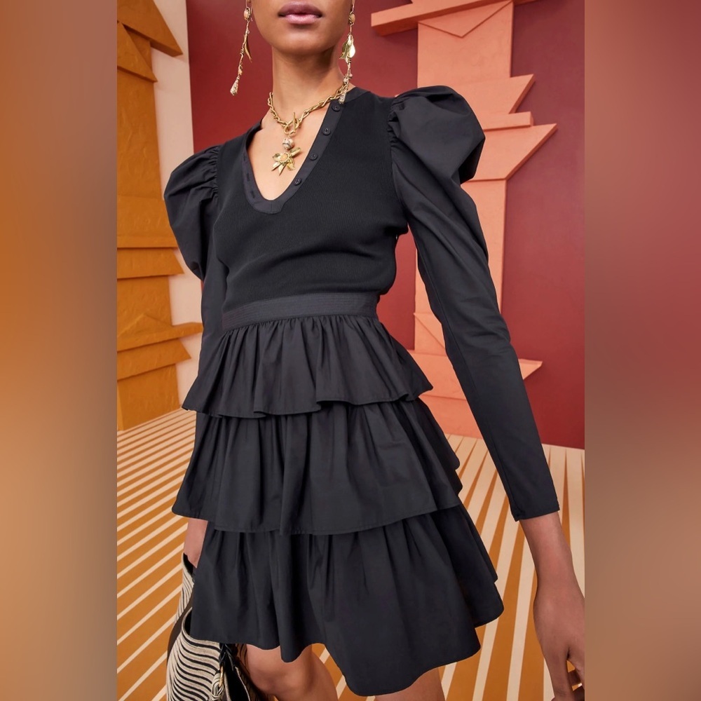 Ulla Johson Amiri Dress Noir Cotton Fine Ribbed Poplin Ballon Sleeves Small